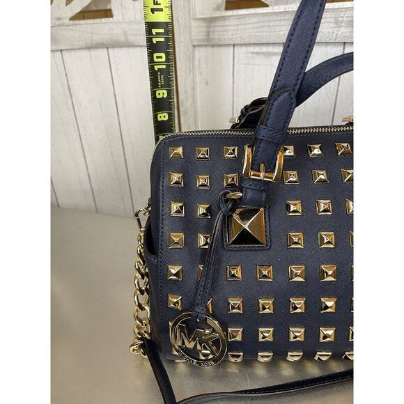 Michael Kors Navy Blue Leather Gold Studded Grayson Satchel Top Handle - Picture 10 of 12